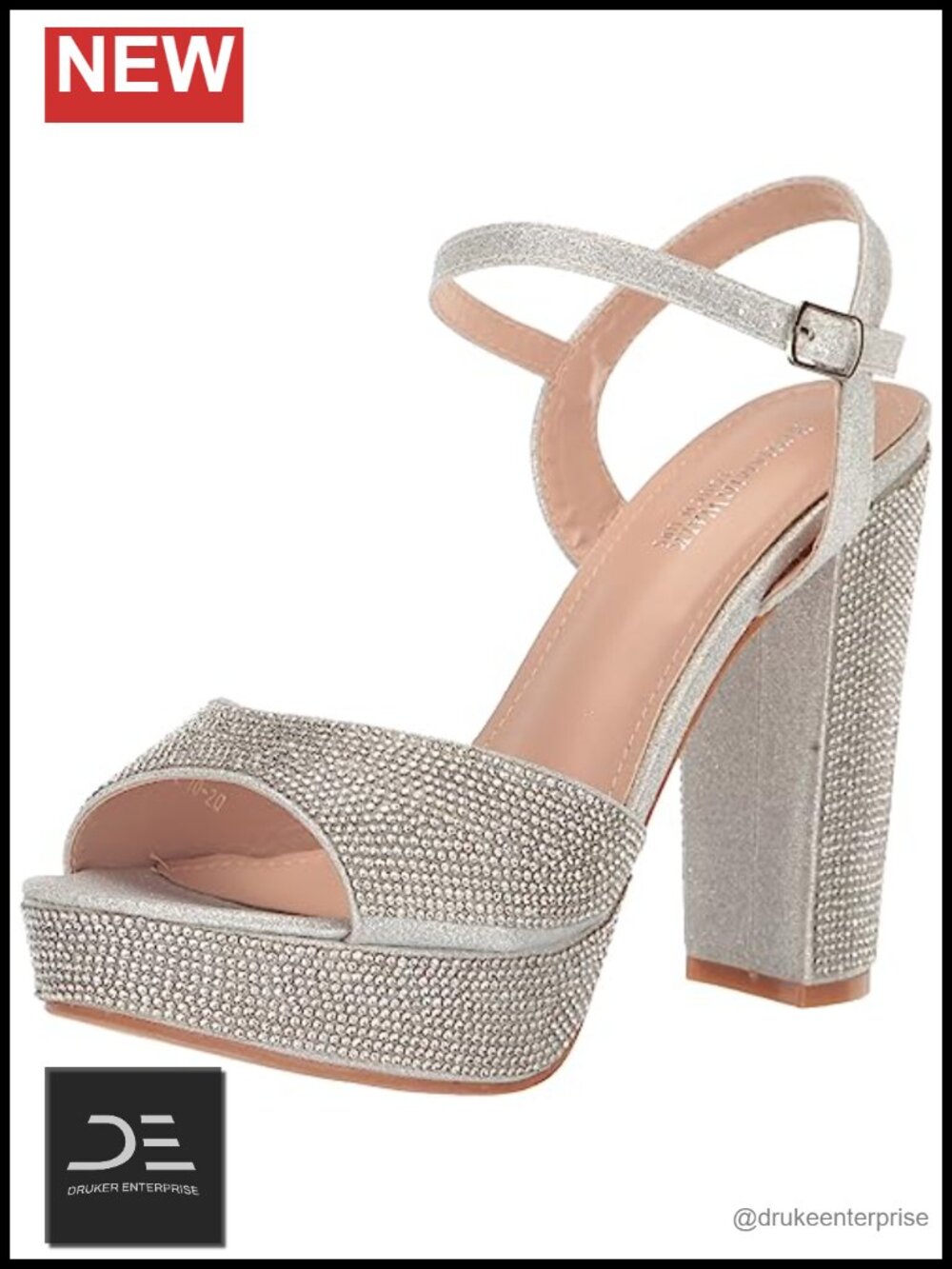 Glitter Ankle Strap Block Heel Sandals with Jewel Accents, Bridal Evening Shoes